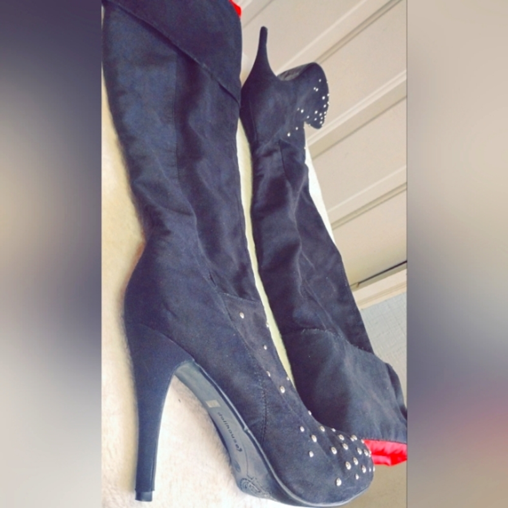 Dollhouse Black Knee High Boots with Silver Studs